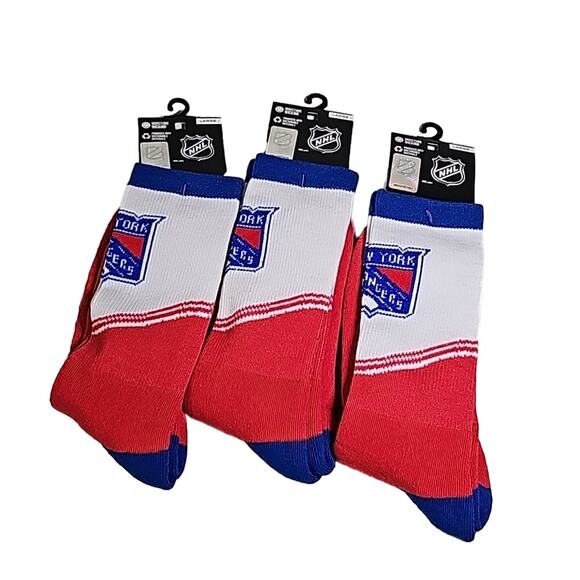 NHL New York Rangers Crew Socks 3 Pairs Size Large NEW - Picture 1 of 9